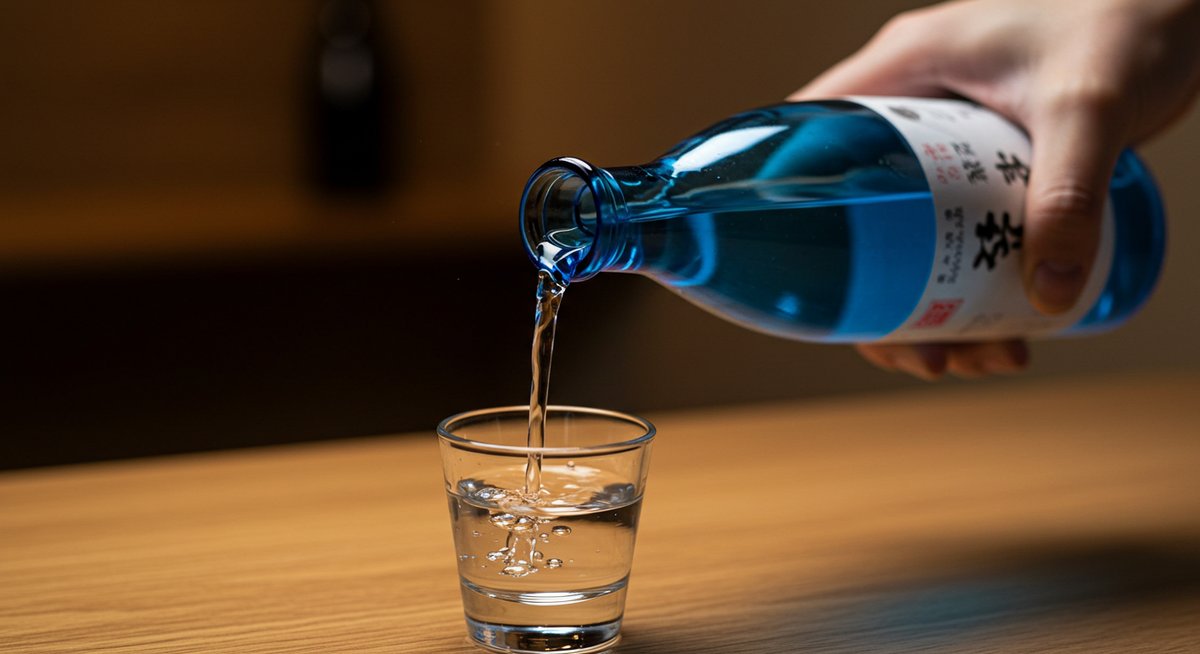 青い 瓶の日本 酒