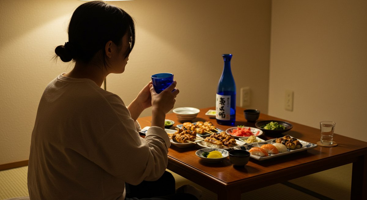青い 瓶の日本 酒